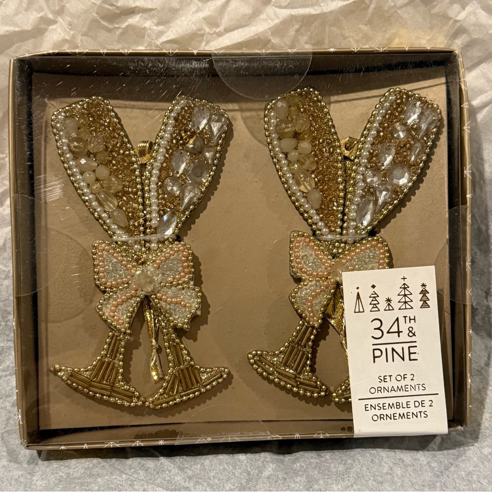 34th & Pine Set of 2 Gold and Cream Beaded Ornaments - Champagne Glasses NIB